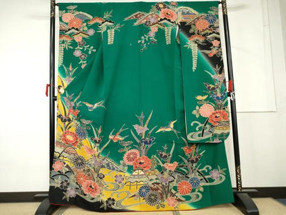 平和屋着物●手ざし京紅型染・宮崎紅型　宮崎良次　振袖　風景花鳥文　暈し染め　正絹　逸品　AABM5451cs