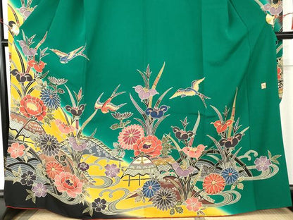 平和屋着物●手ざし京紅型染・宮崎紅型　宮崎良次　振袖　風景花鳥文　暈し染め　正絹　逸品　AABM5451cs