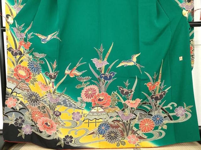 平和屋着物●手ざし京紅型染・宮崎紅型　宮崎良次　振袖　風景花鳥文　暈し染め　正絹　逸品　AABM5451cs