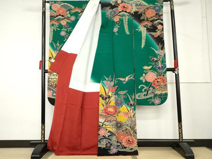 平和屋着物●手ざし京紅型染・宮崎紅型　宮崎良次　振袖　風景花鳥文　暈し染め　正絹　逸品　AABM5451cs