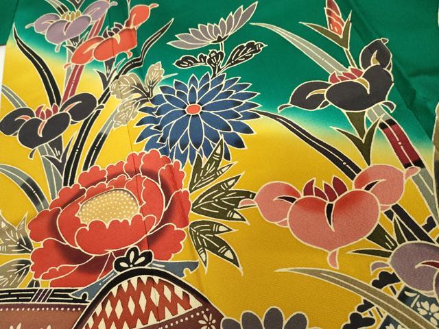 平和屋着物●手ざし京紅型染・宮崎紅型　宮崎良次　振袖　風景花鳥文　暈し染め　正絹　逸品　AABM5451cs