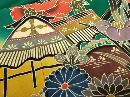 平和屋着物●手ざし京紅型染・宮崎紅型　宮崎良次　振袖　風景花鳥文　暈し染め　正絹　逸品　AABM5451cs