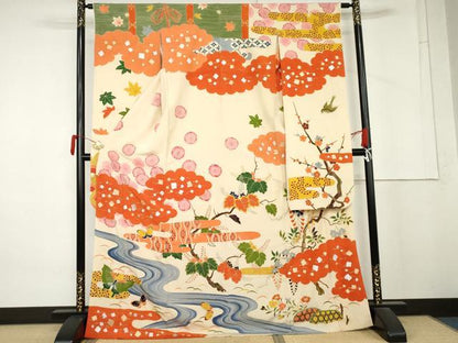 平和屋着物●豪華振袖　流水花蝶文　金銀彩　正絹　逸品　AABM5452cs