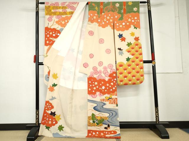 平和屋着物●豪華振袖　流水花蝶文　金銀彩　正絹　逸品　AABM5452cs