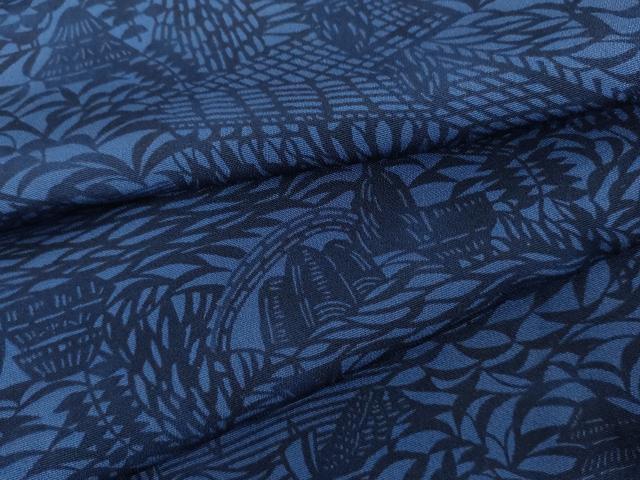 平和屋着物●上質な小紋　藍　型染め　風景文　正絹　逸品　AABM5456cs