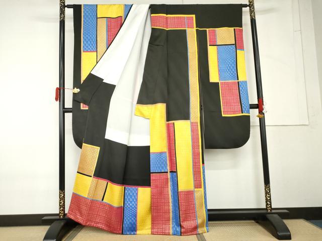 平和屋着物●希少　GIVENCHY　ジバンシー　振袖　幾何学格子　黒地　金彩　正絹　逸品　AABM5461cs