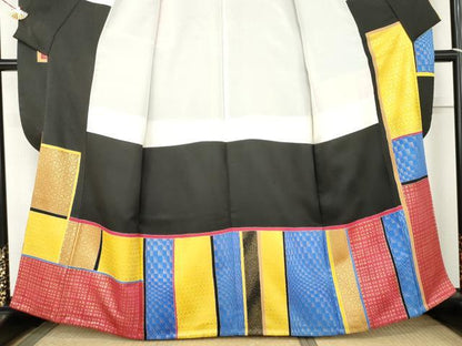 平和屋着物●希少　GIVENCHY　ジバンシー　振袖　幾何学格子　黒地　金彩　正絹　逸品　AABM5461cs
