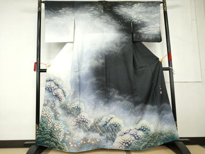 平和屋着物●吉乃一廉　幻の辻が花　訪問着　樹林風景文　暈し染め　黒地　金彩　銀通し地　正絹　逸品　AABM5463cs