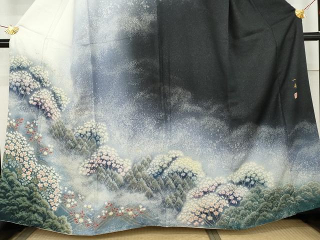 平和屋着物●吉乃一廉　幻の辻が花　訪問着　樹林風景文　暈し染め　黒地　金彩　銀通し地　正絹　逸品　AABM5463cs