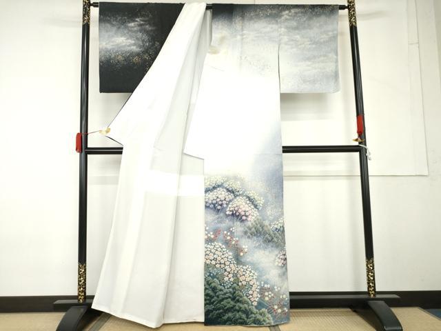 平和屋着物●吉乃一廉　幻の辻が花　訪問着　樹林風景文　暈し染め　黒地　金彩　銀通し地　正絹　逸品　AABM5463cs