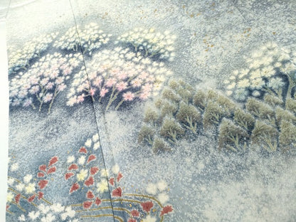 平和屋着物●吉乃一廉　幻の辻が花　訪問着　樹林風景文　暈し染め　黒地　金彩　銀通し地　正絹　逸品　AABM5463cs