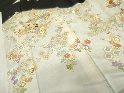 平和屋着物●訪問着　駒刺繍　吉祥草花文　暈し染め　金彩　ロング丈　正絹　逸品　AABM5465cs