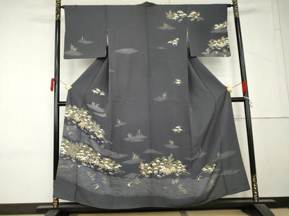 平和屋着物●訪問着　松竹梅立波風景文　銀彩　正絹　逸品　AABM5469cs