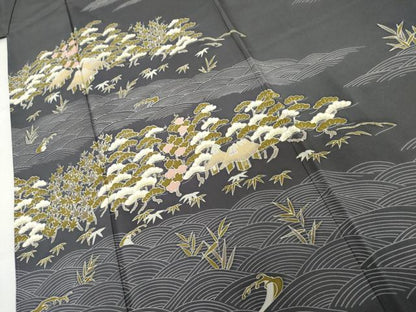平和屋着物●訪問着　松竹梅立波風景文　銀彩　正絹　逸品　AABM5469cs