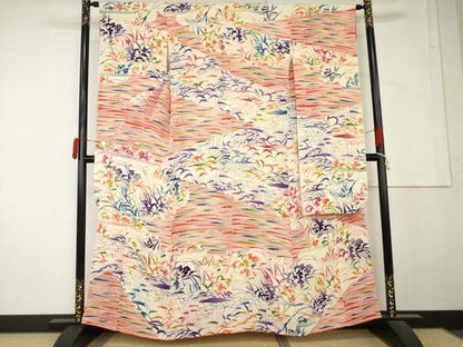 平和屋着物●型絵染の人間国宝　稲垣稔次郎　振袖　型染め　枝花文　鬼しぼ縮緬　正絹　逸品　AABM5471cs