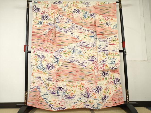 平和屋着物●型絵染の人間国宝　稲垣稔次郎　振袖　型染め　枝花文　鬼しぼ縮緬　正絹　逸品　AABM5471cs