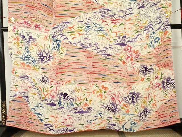 平和屋着物●型絵染の人間国宝　稲垣稔次郎　振袖　型染め　枝花文　鬼しぼ縮緬　正絹　逸品　AABM5471cs