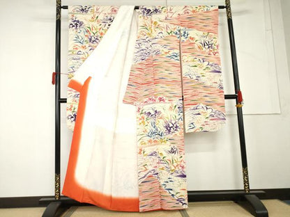 平和屋着物●型絵染の人間国宝　稲垣稔次郎　振袖　型染め　枝花文　鬼しぼ縮緬　正絹　逸品　AABM5471cs
