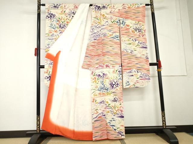 平和屋着物●型絵染の人間国宝　稲垣稔次郎　振袖　型染め　枝花文　鬼しぼ縮緬　正絹　逸品　AABM5471cs