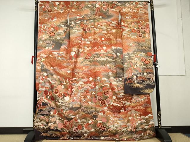 平和屋着物●豪華振袖　駒刺繍　鳳凰花鳥文　暈し染め　金彩　正絹　逸品　AABM5476cs