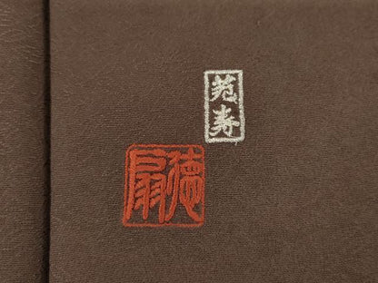 平和屋着物●国際的伝統工芸作家　十二代・藤林徳扇　苑寿　小紋　寿光織　舞扇文　金銀糸　正絹　逸品　未使用　AABM5483cs