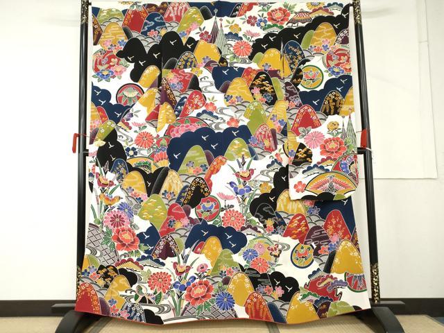 平和屋着物●手ざし京紅型染・宮崎紅型　宮崎良次　振袖　重ね山花鳥文　正絹　逸品　AABM5491cs