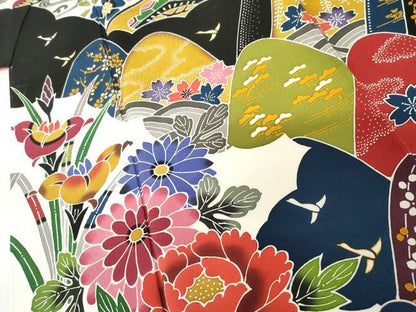 平和屋着物●手ざし京紅型染・宮崎紅型　宮崎良次　振袖　重ね山花鳥文　正絹　逸品　AABM5491cs