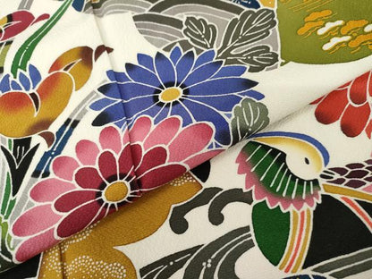 平和屋着物●手ざし京紅型染・宮崎紅型　宮崎良次　振袖　重ね山花鳥文　正絹　逸品　AABM5491cs