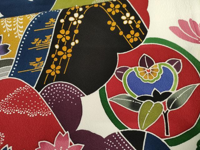 平和屋着物●手ざし京紅型染・宮崎紅型　宮崎良次　振袖　重ね山花鳥文　正絹　逸品　AABM5491cs
