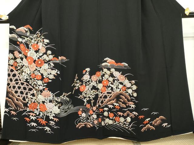 平和屋着物●中国三大刺繍　相良刺繍　総刺繍　黒留袖　籬枝花文　金糸　正絹　逸品　AABM5501cs
