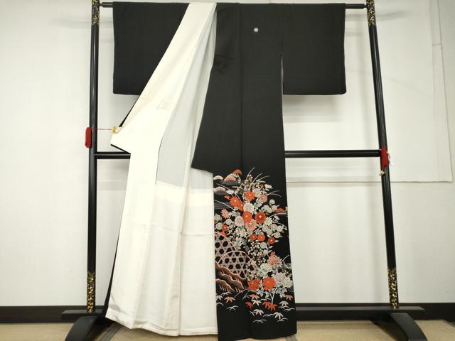 平和屋着物●中国三大刺繍　相良刺繍　総刺繍　黒留袖　籬枝花文　金糸　正絹　逸品　AABM5501cs