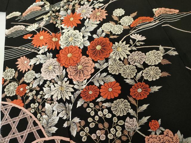 平和屋着物●中国三大刺繍　相良刺繍　総刺繍　黒留袖　籬枝花文　金糸　正絹　逸品　AABM5501cs