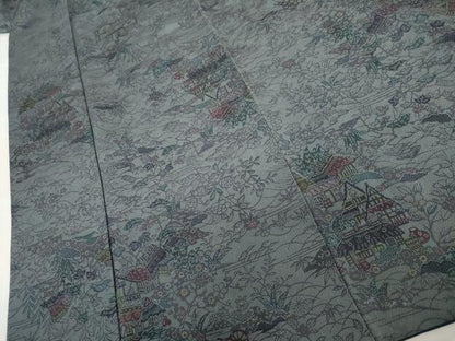 平和屋着物●上質な小紋　型染め　風景文　鬼しぼ縮緬　三越扱い　正絹　逸品　AABM5522cs