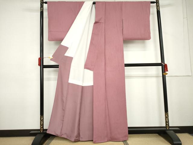 平和屋着物●上質な色無地　縞地紋　長春色　正絹　逸品　AABM5532cs