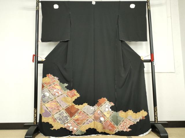 平和屋着物●豪華黒留袖　駒刺繍　格子草花文　金糸　金彩　浜ちりめん　仮絵羽　正絹　逸品　未使用　AABM5543cs