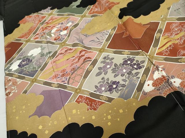 平和屋着物●豪華黒留袖　駒刺繍　格子草花文　金糸　金彩　浜ちりめん　仮絵羽　正絹　逸品　未使用　AABM5543cs