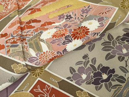 平和屋着物●豪華黒留袖　駒刺繍　格子草花文　金糸　金彩　浜ちりめん　仮絵羽　正絹　逸品　未使用　AABM5543cs