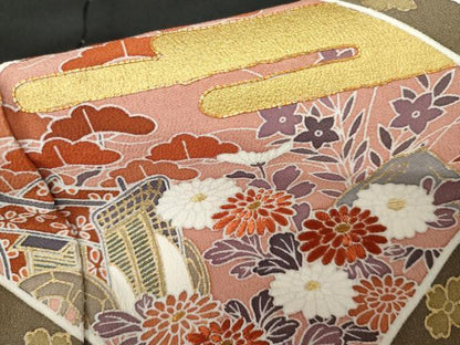 平和屋着物●豪華黒留袖　駒刺繍　格子草花文　金糸　金彩　浜ちりめん　仮絵羽　正絹　逸品　未使用　AABM5543cs