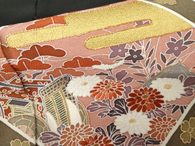 平和屋着物●豪華黒留袖　駒刺繍　格子草花文　金糸　金彩　浜ちりめん　仮絵羽　正絹　逸品　未使用　AABM5543cs