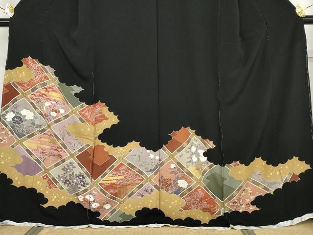 平和屋着物●豪華黒留袖　駒刺繍　格子草花文　金糸　金彩　浜ちりめん　仮絵羽　正絹　逸品　未使用　AABM5543cs