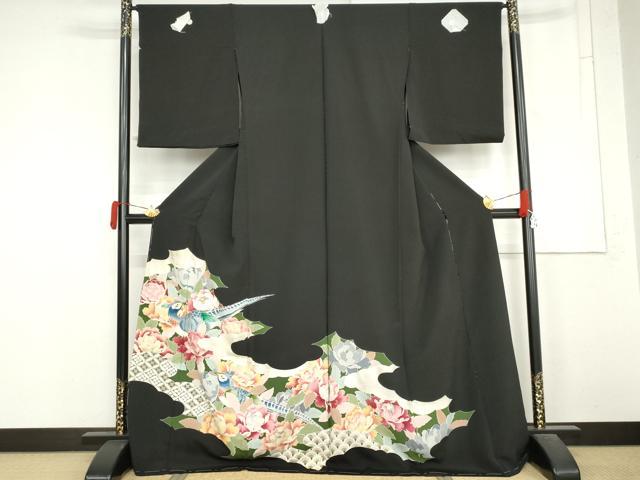 平和屋着物●豪華黒留袖　駒刺繍　雉　吉祥花文　金銀彩　仮絵羽　正絹　逸品　未使用　AABM5544cs