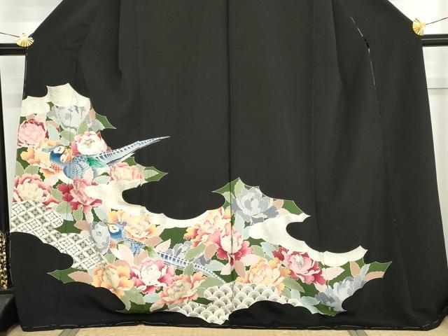 平和屋着物●豪華黒留袖　駒刺繍　雉　吉祥花文　金銀彩　仮絵羽　正絹　逸品　未使用　AABM5544cs