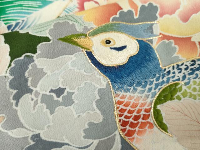 平和屋着物●豪華黒留袖　駒刺繍　雉　吉祥花文　金銀彩　仮絵羽　正絹　逸品　未使用　AABM5544cs
