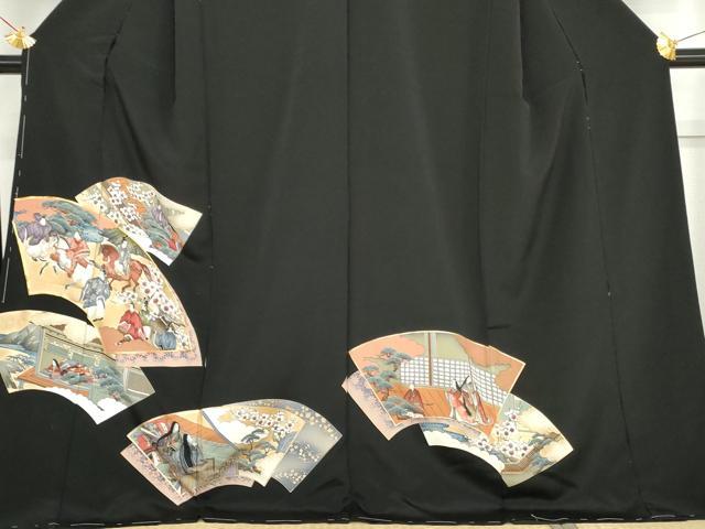 平和屋着物●豪華黒留袖　駒刺繍　地紙人物風景文　金彩　仮絵羽　正絹　逸品　未使用　AABM5547cs