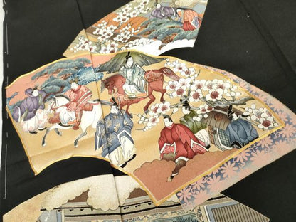平和屋着物●豪華黒留袖　駒刺繍　地紙人物風景文　金彩　仮絵羽　正絹　逸品　未使用　AABM5547cs