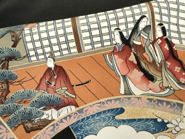 平和屋着物●豪華黒留袖　駒刺繍　地紙人物風景文　金彩　仮絵羽　正絹　逸品　未使用　AABM5547cs