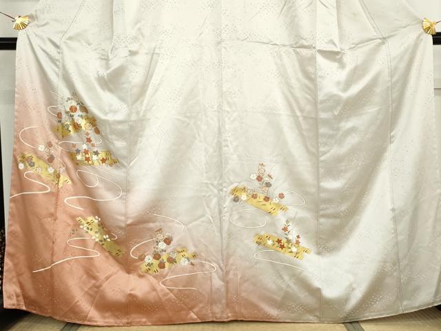 平和屋着物●訪問着　駒刺繍　花筏文　暈し染め　金彩　正絹　逸品　AABM5549cs