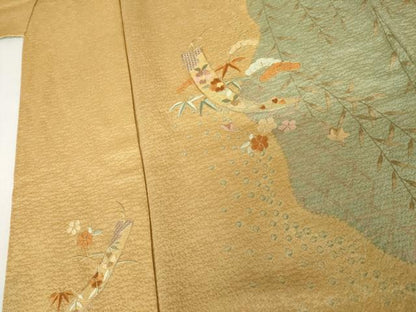 平和屋着物●中国三大刺繍　スワトウ刺繍　汕頭刺繍　訪問着　絞り　短冊花文　金糸　金彩　正絹　逸品　AABM5556cs