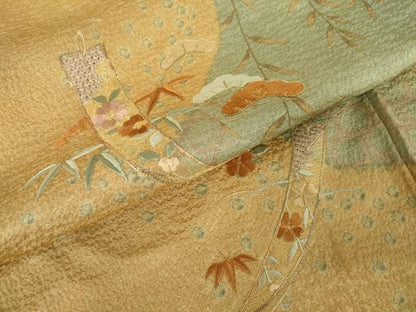 平和屋着物●中国三大刺繍　スワトウ刺繍　汕頭刺繍　訪問着　絞り　短冊花文　金糸　金彩　正絹　逸品　AABM5556cs