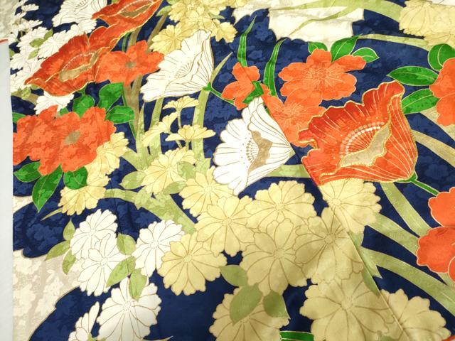 平和屋着物●豪華振袖　駒刺繍　草花文　金彩　正絹　逸品　AABM5557cs